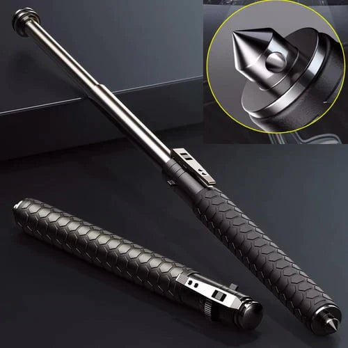 Taktischer Teleskopschlagstock aus Metall, schwarz, rutschfester Griff, Sicherheitswerkzeug.