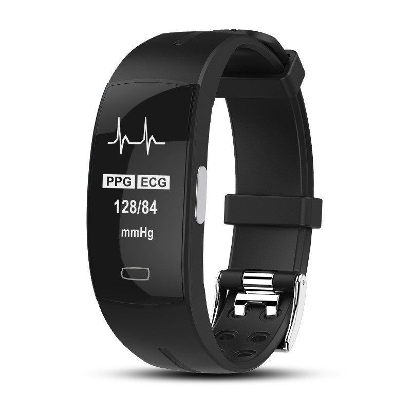 Schwarzes Fitnessarmband mit Herzfrequenzmesser, PPG, ECG, Blutdruckanzeige.