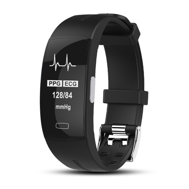 Schwarzes Fitnessarmband mit Herzfrequenzmesser, PPG, ECG, Blutdruckanzeige.