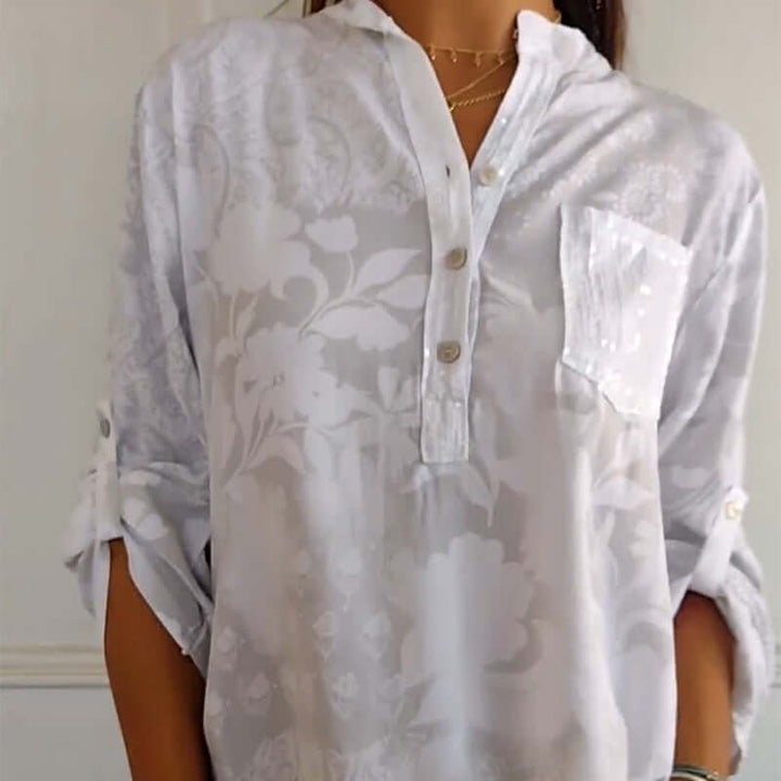 Floré-Bluse: Bedruckte Damenbluse mit Vordertasche