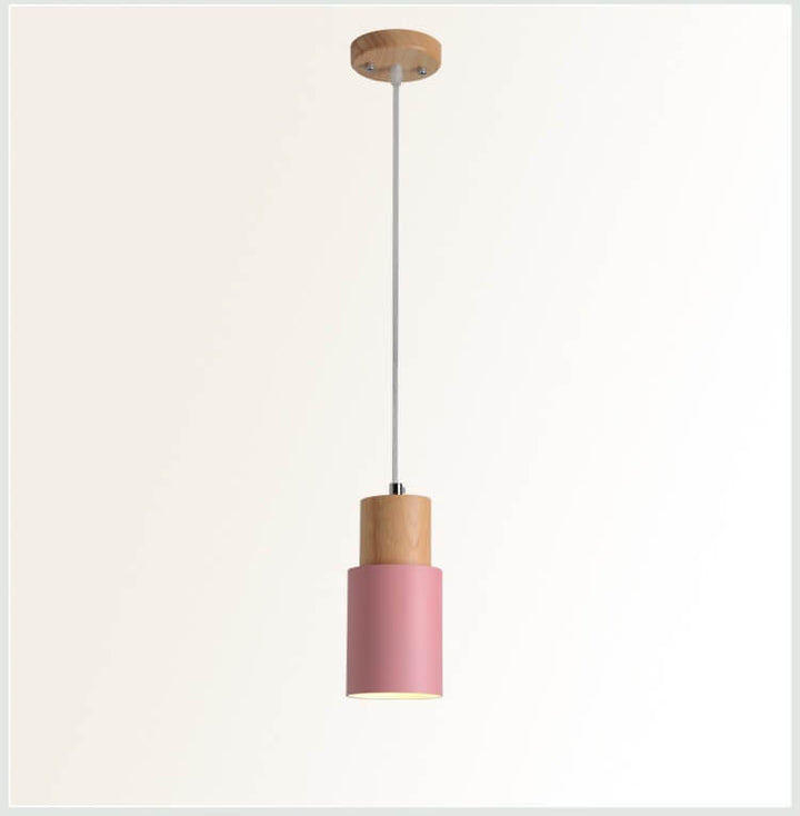 Rosa Hängelampe aus Holz und Metall, skandinavisches Design, moderne Innenbeleuchtung.