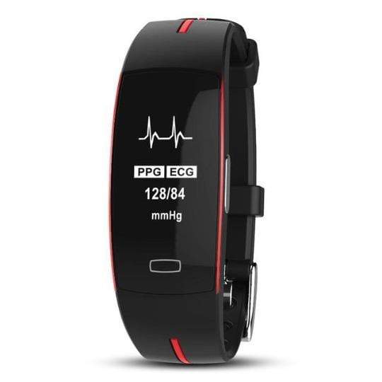 Schwarzes Fitnessarmband mit PPG- und EKG-Funktion, Herzfrequenz- und Blutdruckanzeige.