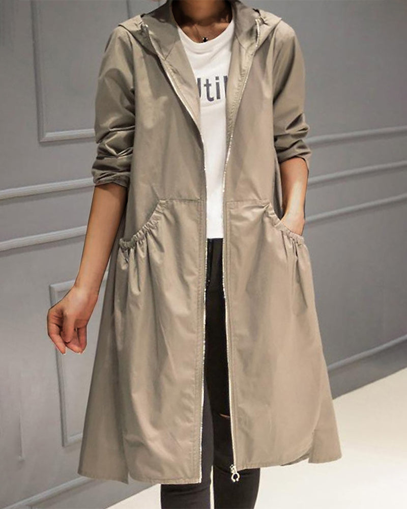 Damen-Kapuzen-Windbreaker-Trenchcoat mit Reißverschluss