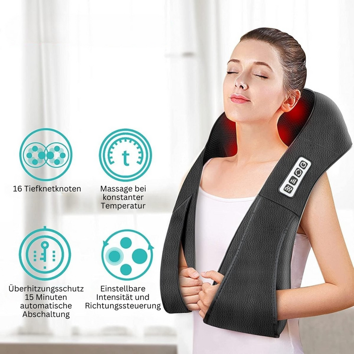 Schwarzes Nackenmassagegerät mit Wärmefunktion, 16 Knoten, einstellbare Intensität, Überhitzungsschutz.