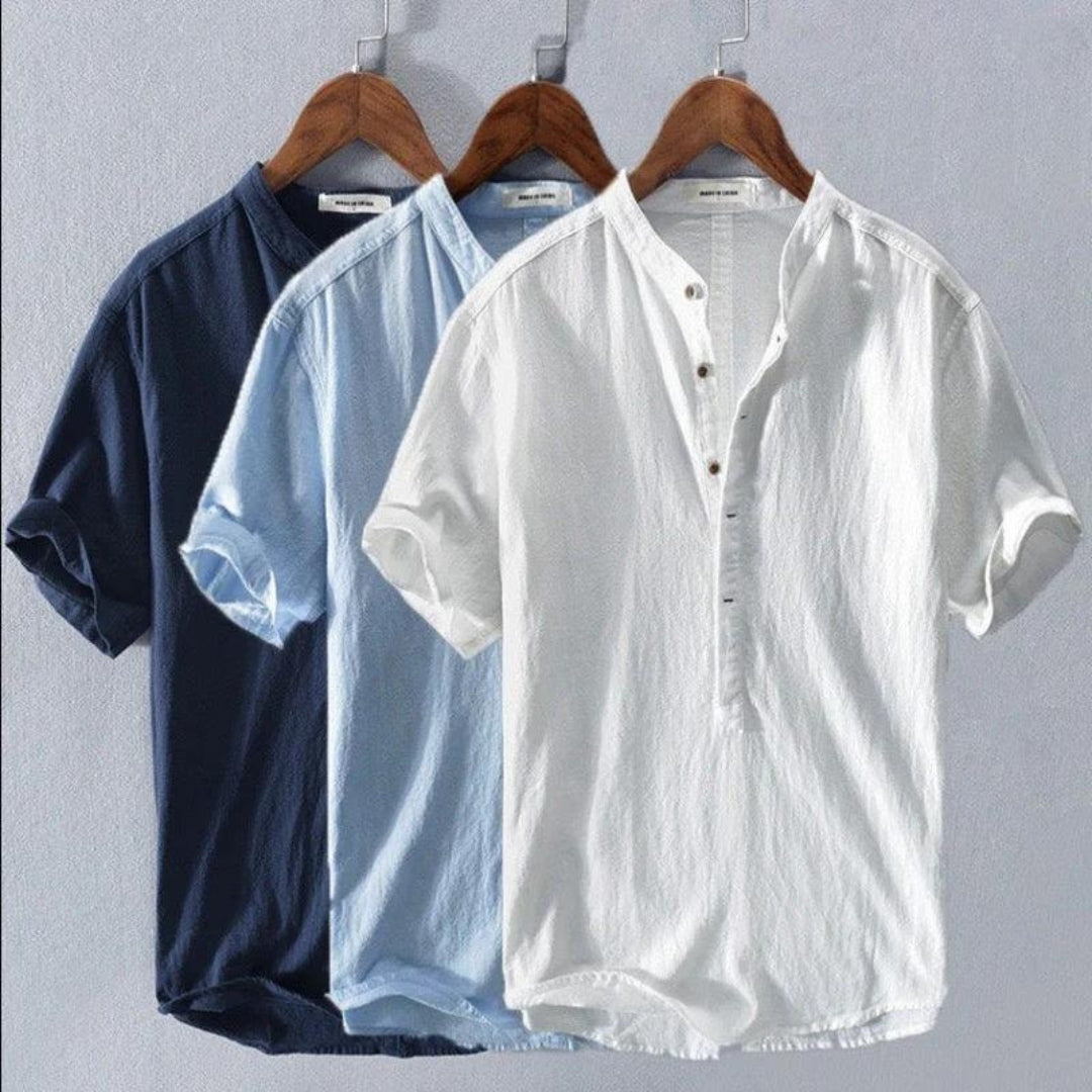 Herren Leinen-Baumwollhemd mit Henley-Kragen