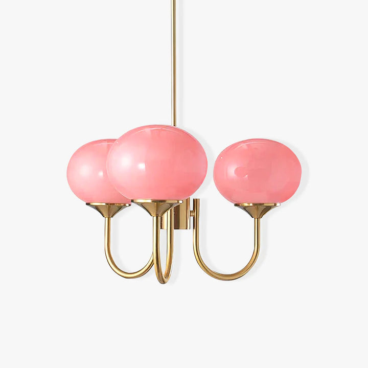 Moderne Deckenleuchte mit drei rosa Glaskugeln und goldenen Metallarmen, elegantes Design.