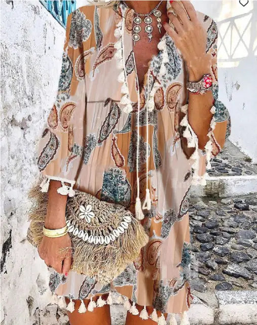 Damen Boho Kleid mit Quasten und Mehrfarbigem Muster