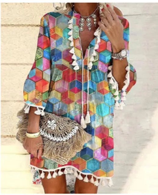 Damen Boho Kleid mit Quasten und Mehrfarbigem Muster