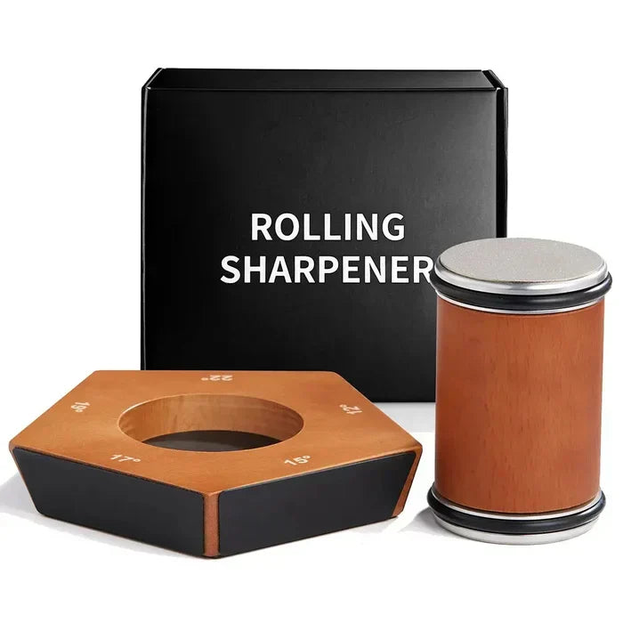 Rollschärfer Set, Holz, Metall, für Messer, mit schwarzer Verpackung, Küchenzubehör, modern.