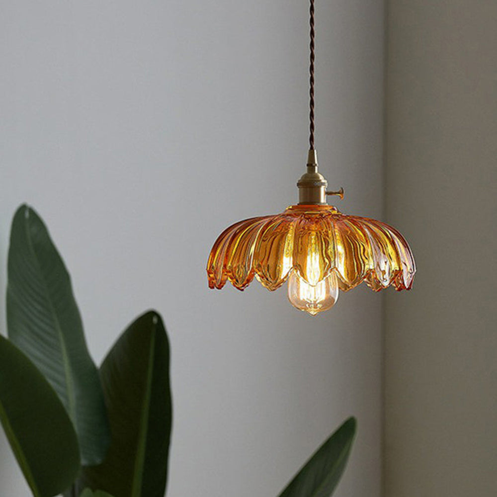 Vintage Glas Blumen Hängelampe mit Kupferfassung