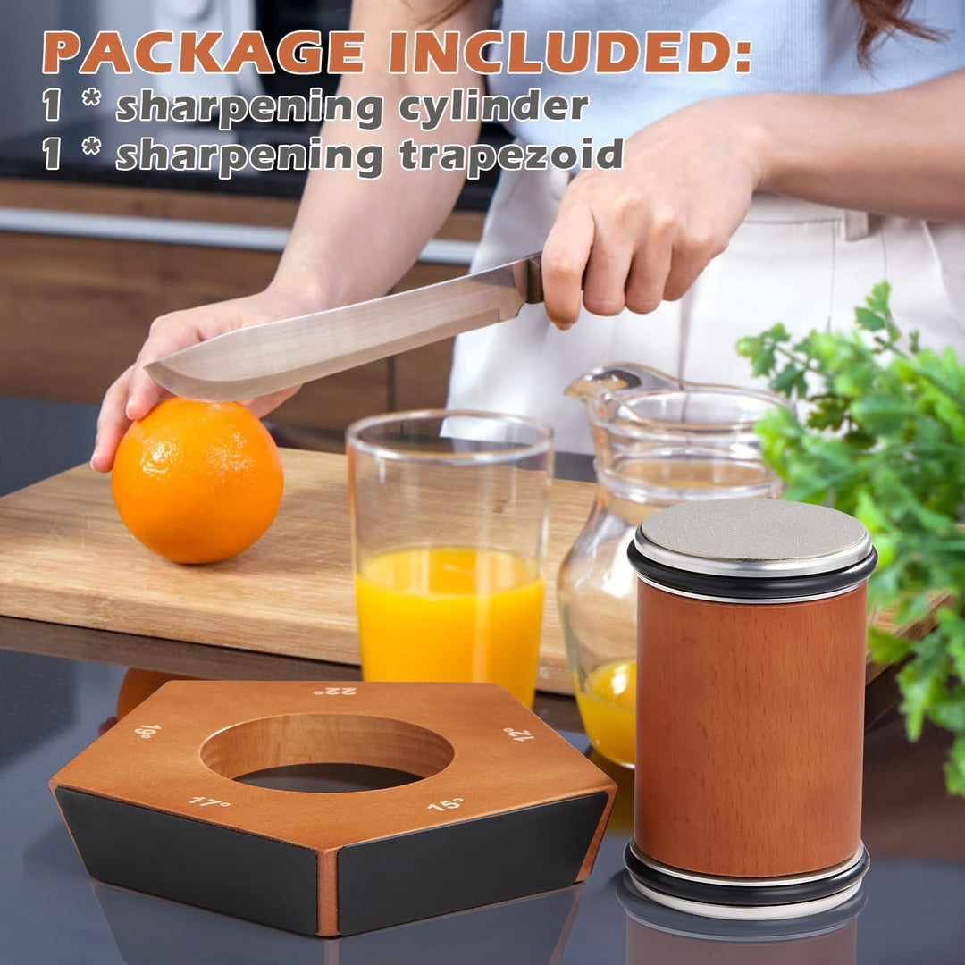 Frau schärft Messer mit Holzschärfer, Küche, Orangen, Saft, modernes Design.