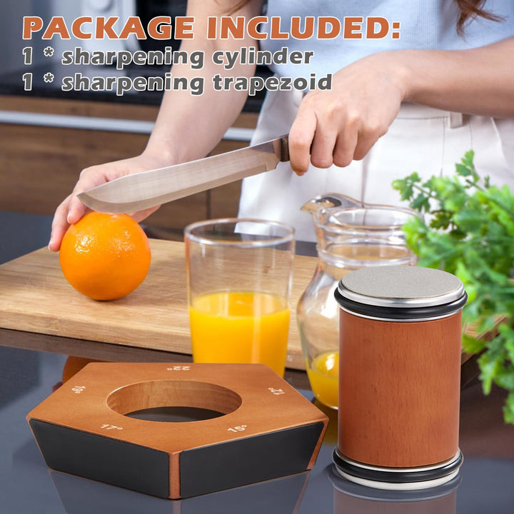 Frau schärft Messer mit Holzschärfer, Küche, Orangen, Saft, modernes Design.