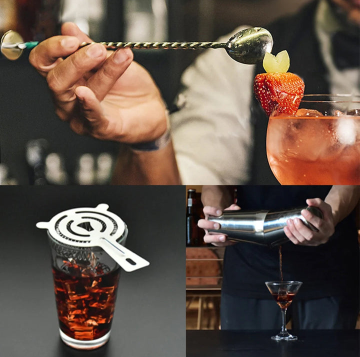 "23-teiliges Bartender-Set aus Edelstahl, vielseitig und hochwertig, mit Shaker, Jigger und Zubehör für Cocktails."
