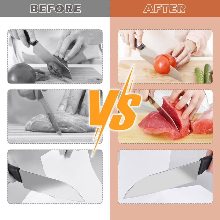 Vorher-Nachher-Vergleich Messer, schneidet Tomaten und Fleisch, scharfes Küchenmesser.