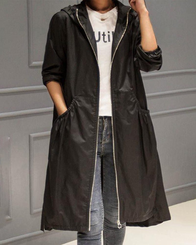 Damen-Kapuzen-Windbreaker-Trenchcoat mit Reißverschluss