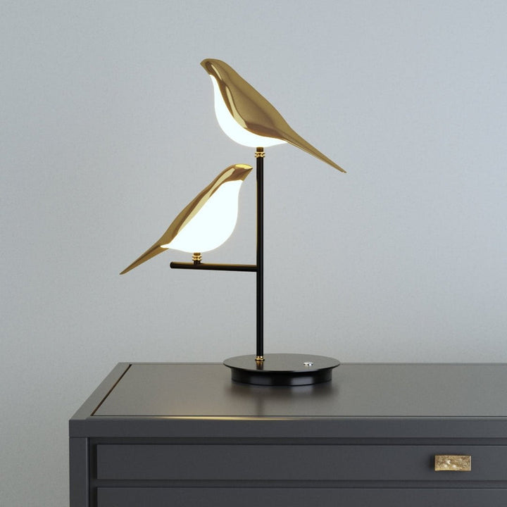 Moderne LED Tischlampe mit Gold Vögel Design