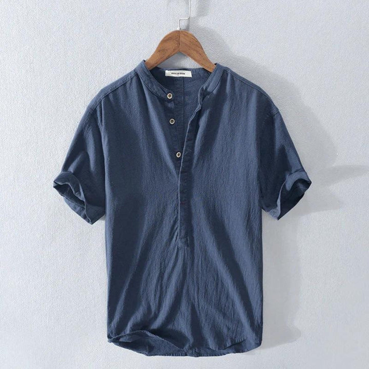 Herren Leinen-Baumwollhemd mit Henley-Kragen