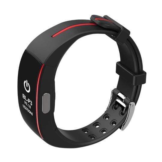Schwarzes Fitnessarmband mit rotem Akzent, digitalem Display, Herzfrequenzmesser.