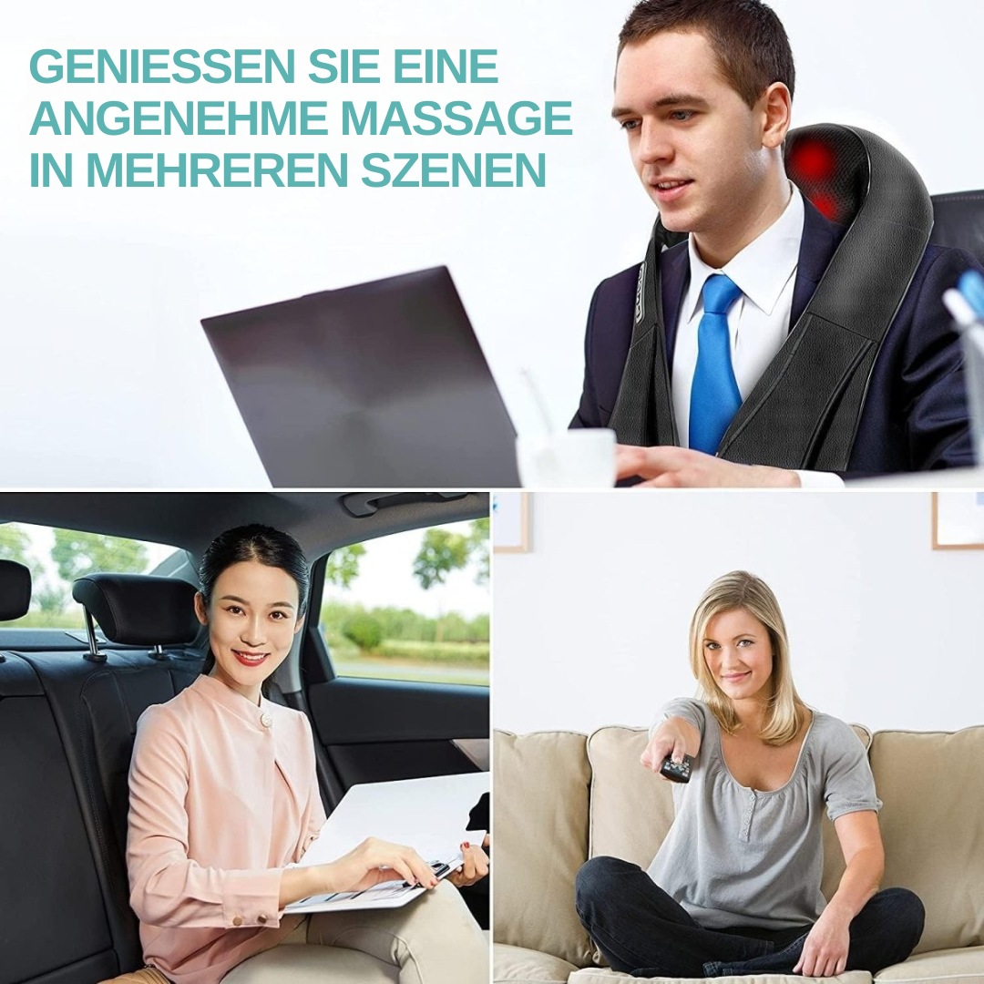 Mann mit Nackenmassagegerät, Büro, Entspannung, Massagegerät, Schwarz, tragbar, Stressabbau.