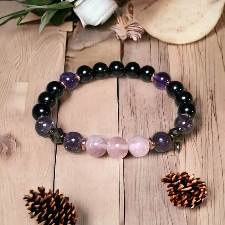 8mm Edelstein Armband mit Rosenquarz, Obsidian & Amethyst