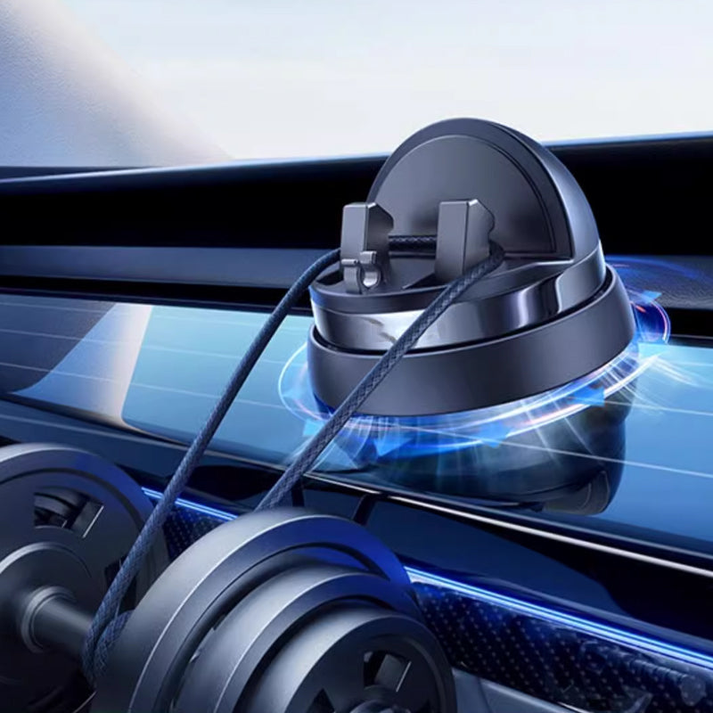 "360° drehbare, schwarze Handyhalterung mit Silikonbasis, zeigt Telefon in Auto, verstellbar für komfortable Nutzung."