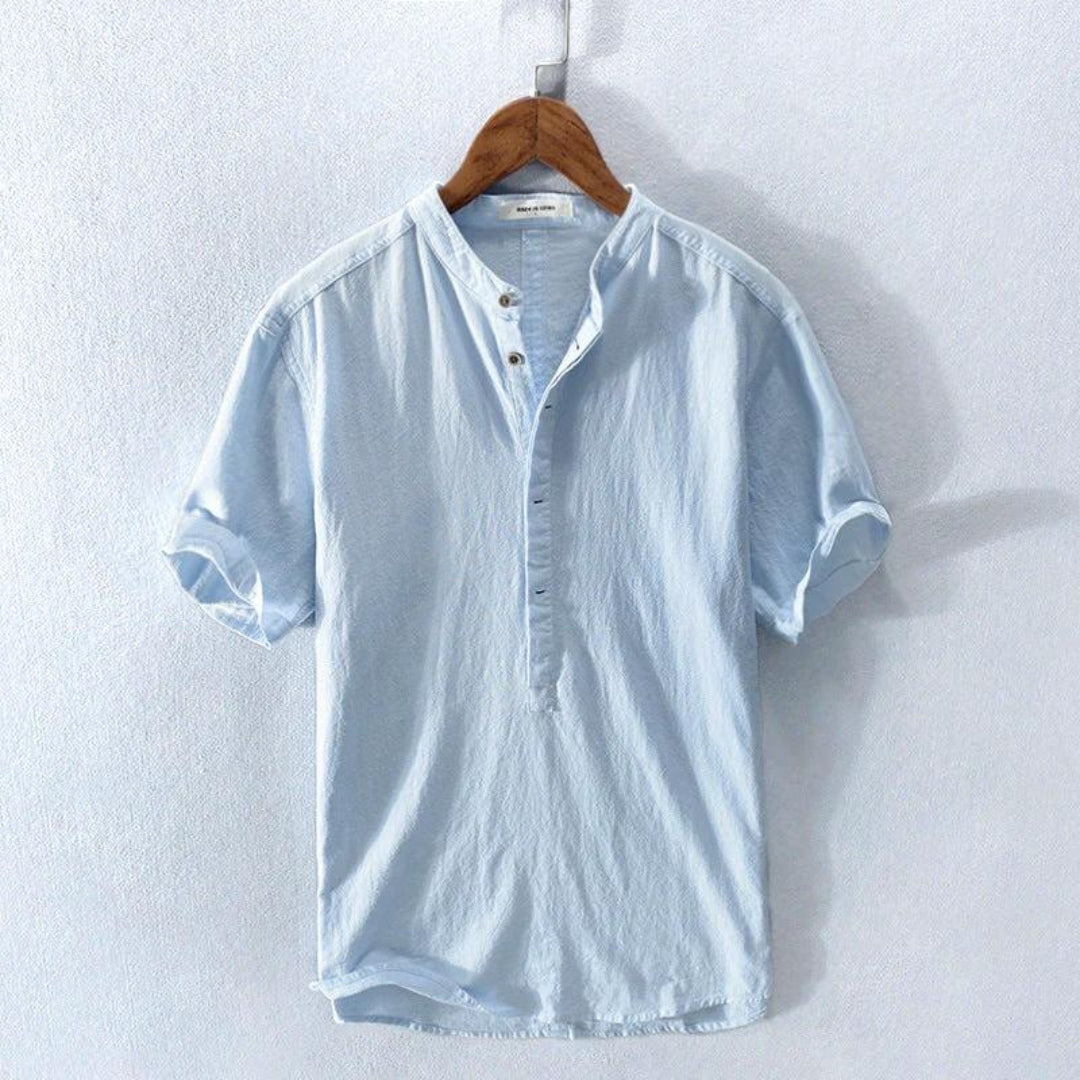 Herren Leinen-Baumwollhemd mit Henley-Kragen