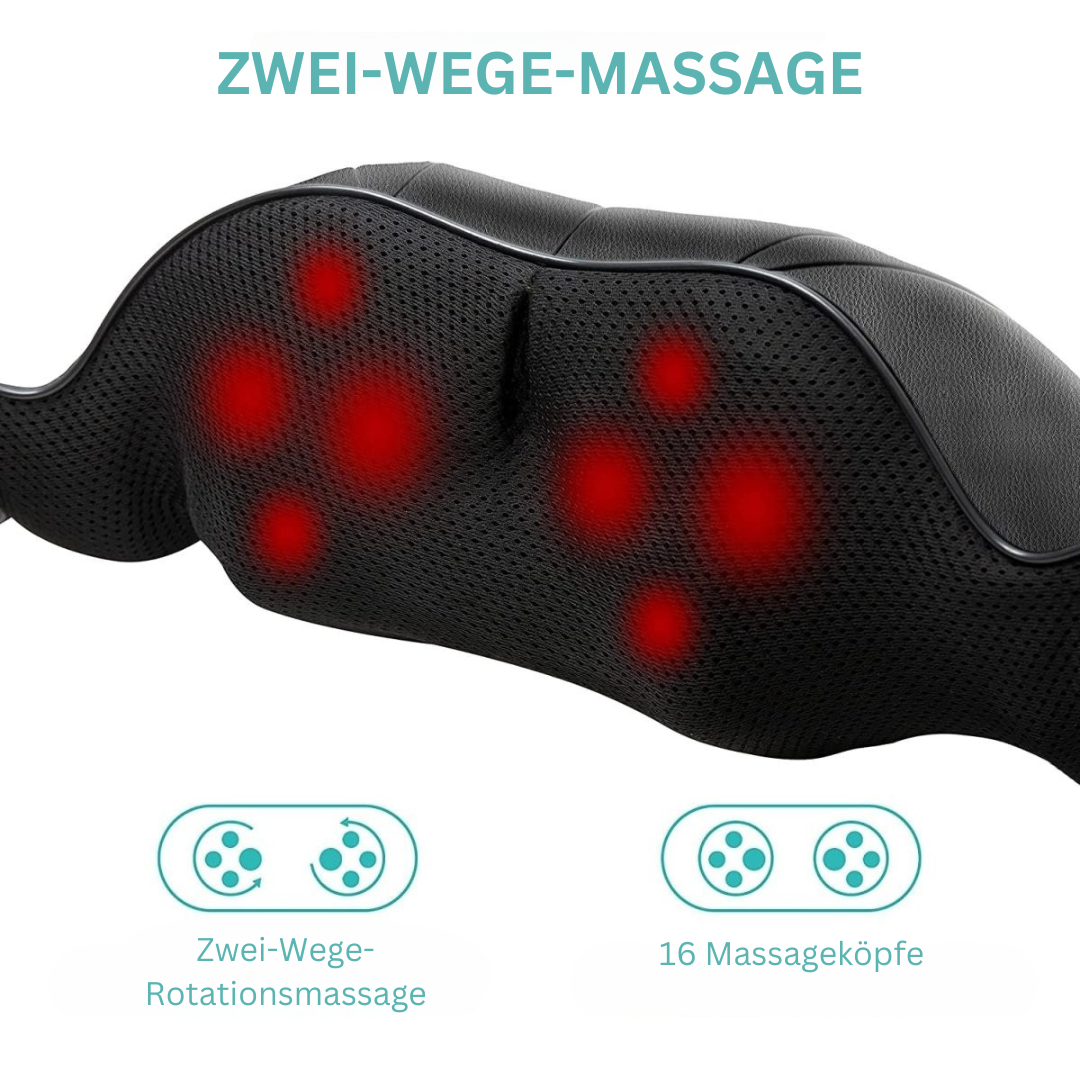 Schwarzes Massagekissen mit 16 Massageköpfen, Zwei-Wege-Rotationsmassage, ergonomisch.