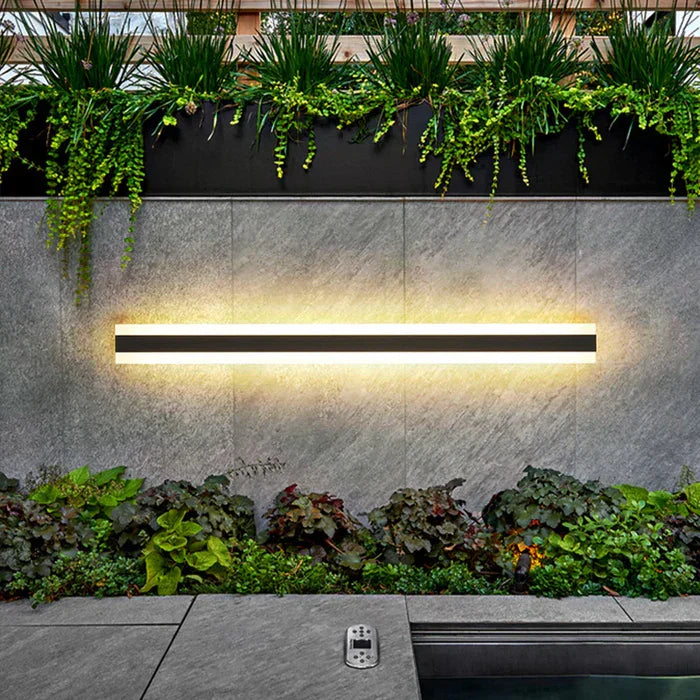 Moderne LED-Wandleuchte, schwarz, beleuchtet, Garten, Betonwand, Pflanzen, Außenbeleuchtung.