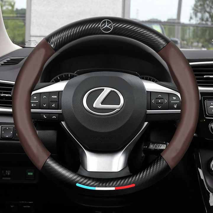 "3D geprägter Lederlenkradbezug, rutschfest, luxuriöses Design, universelle Passform, idealer Schutz und Komfort fürs Auto."