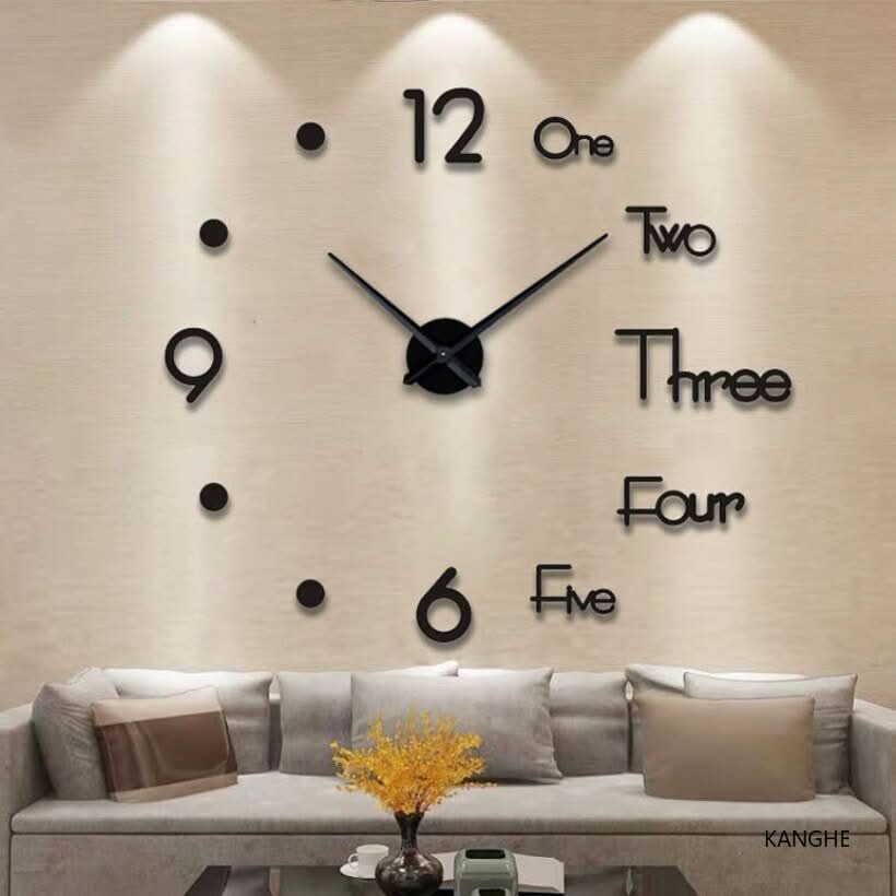3D Wanduhr moderne Dekoration, schwarze Ziffern, Wohnzimmer, stilvolles Design, beige Wand