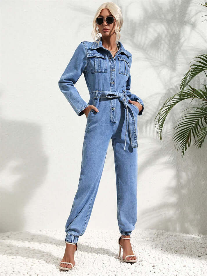 Damen Denim-Jumpsuit mit Gürtel