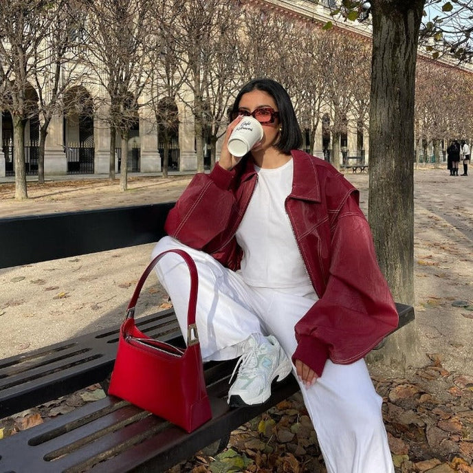 Damen Oversize Rote Lederjacke - Trendfarbe