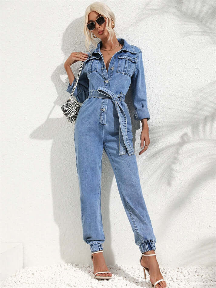 Damen Denim-Jumpsuit mit Gürtel