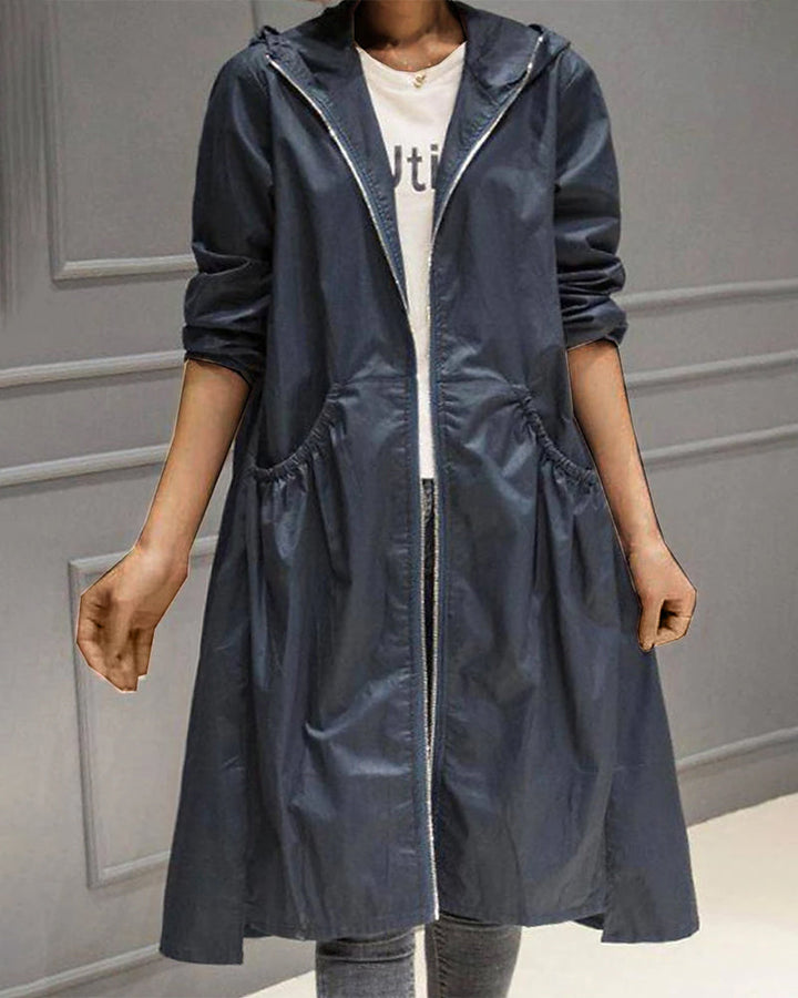 Damen-Kapuzen-Windbreaker-Trenchcoat mit Reißverschluss
