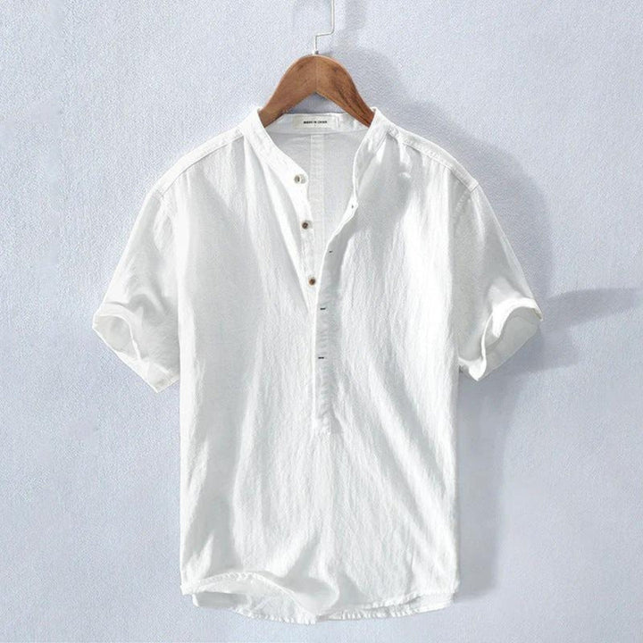 Herren Leinen-Baumwollhemd mit Henley-Kragen