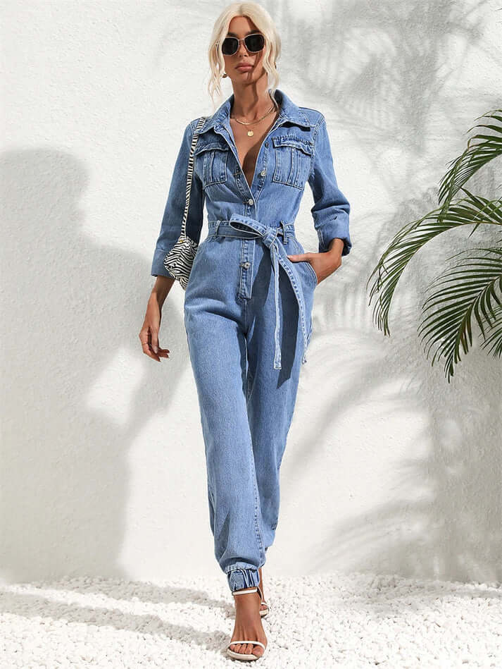Damen Denim-Jumpsuit mit Gürtel