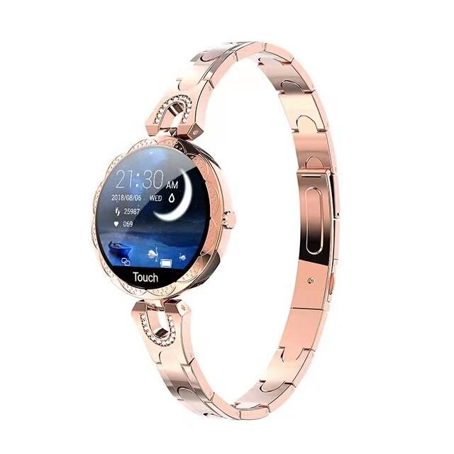Luxuriöse roségoldene Smartwatch mit rundem Zifferblatt und Touchscreen für Damen.