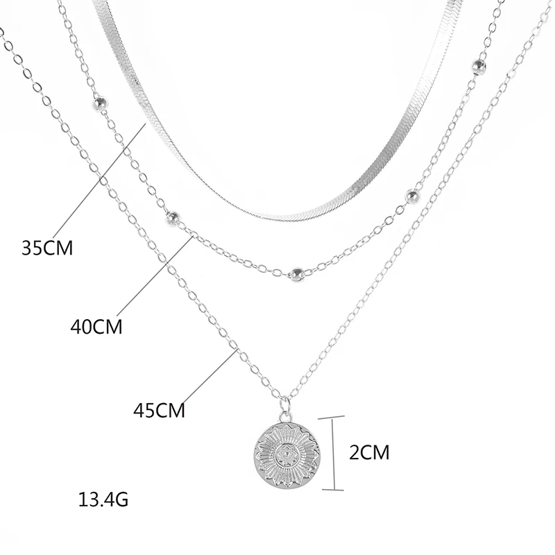 Silberne Halskette mit Sonnenanhänger, dreilagig, 35-45 cm, Damenmode-Schmuck.