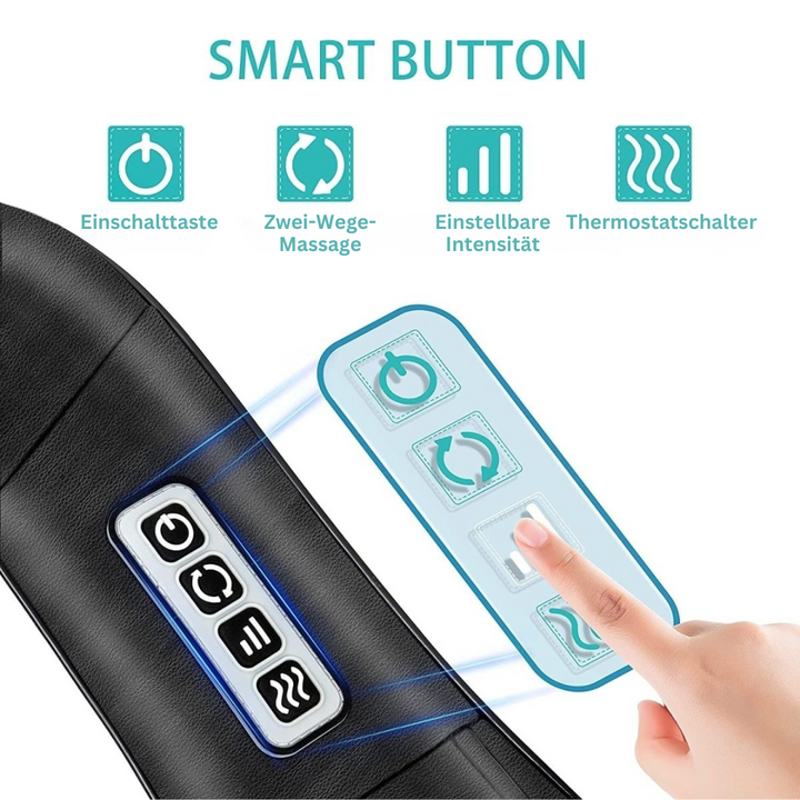 Schwarzes Massagegerät mit Smart Button, Touch-Bedienfeld, einstellbare Intensität.