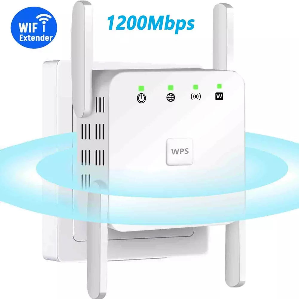 5G WiFi Repeater, 1200Mbps Signalverstärker, Dualband, vier Antennen, weiß, ideal für besseres WLAN-Signal zu Hause.