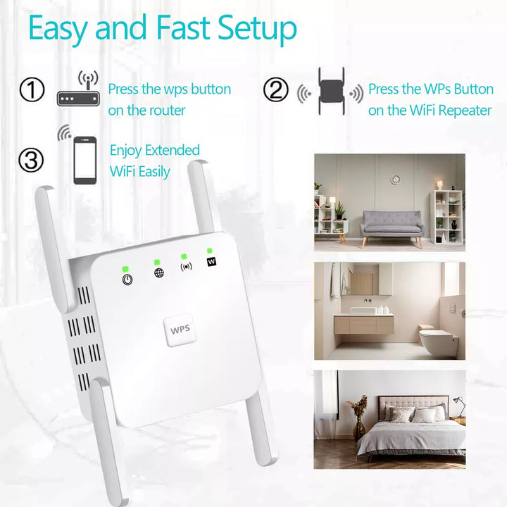 5G WiFi Repeater, 1200Mbps Signalverstärker, Dualband, vier Antennen, weiß, ideal für besseres WLAN-Signal zu Hause.