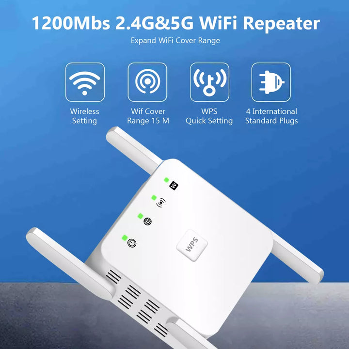 5G WiFi Repeater, 1200Mbps Signalverstärker, Dualband, vier Antennen, weiß, ideal für besseres WLAN-Signal zu Hause.
