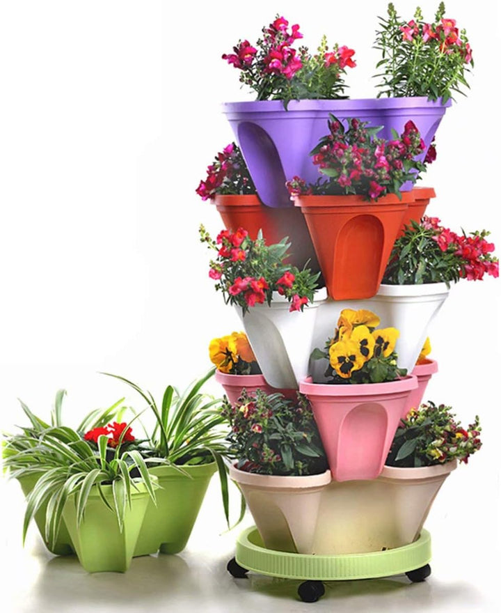 "6-Etagen vertikaler Pflanzturm für Blumen und Kräuter, platzsparend, modernes Design, ideal für kleine Gärten."