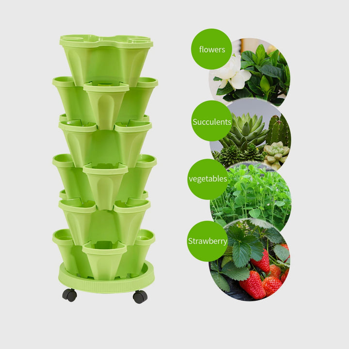 "6-Etagen vertikaler Pflanzturm für Blumen und Kräuter, platzsparend, modernes Design, ideal für kleine Gärten."
