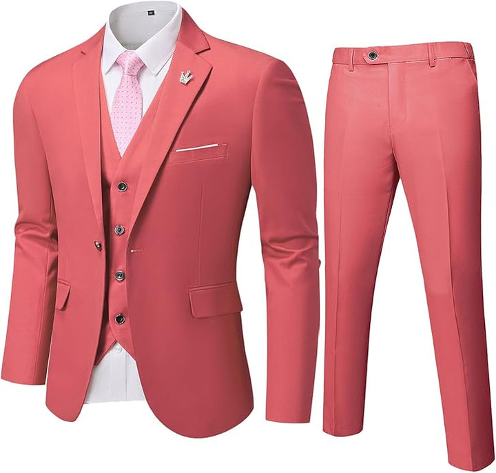 Rosa Herrenanzug mit Weste und Krawatte, elegantes Design, ideal für formelle Anlässe.