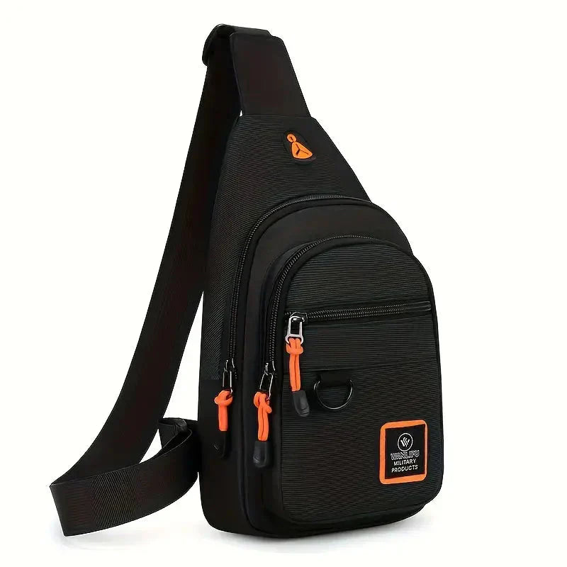 Schwarze Umhängetasche mit orangefarbenen Akzenten, Reißverschlüssen, ideal für Herren, Freizeit.