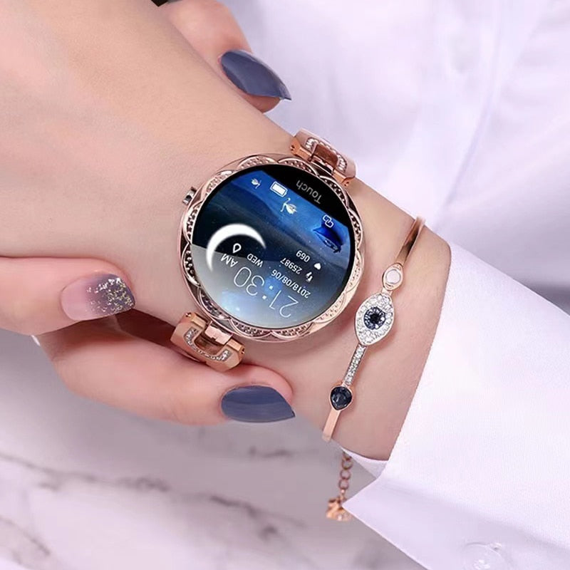 Luxus Smartwatch Damen, roségold, rundes Zifferblatt, Touchscreen, elegantes Design