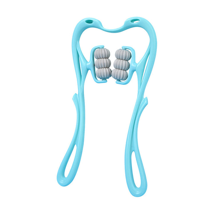 Hellblauer Nackenmassager mit sechs Rollen, ergonomisch, für Druckpunktmassage.
