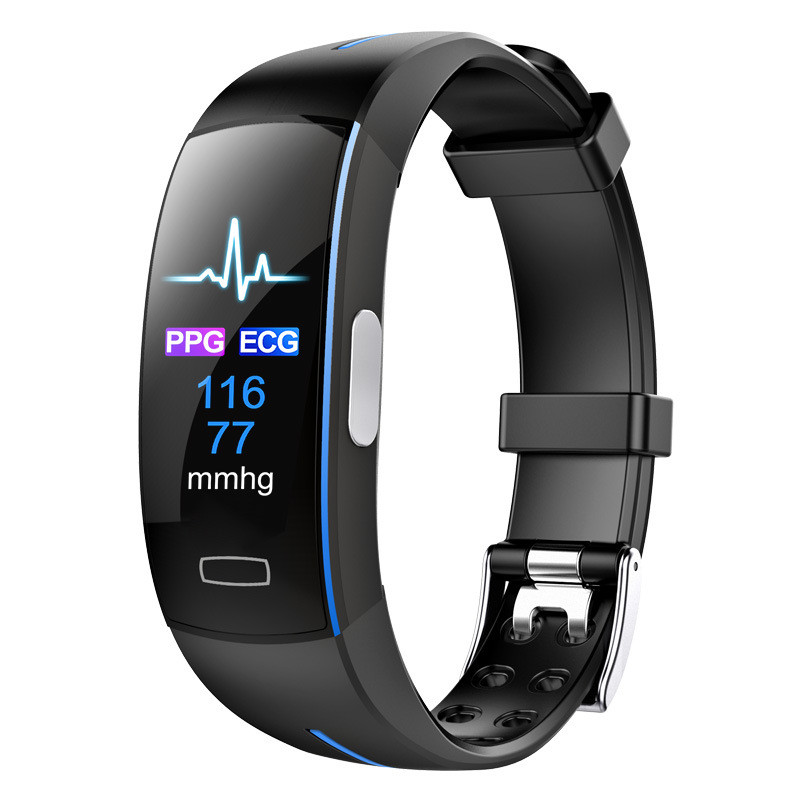Schwarzes Fitnessarmband mit PPG- und EKG-Anzeige, Herzfrequenz- und Blutdruckmessung.