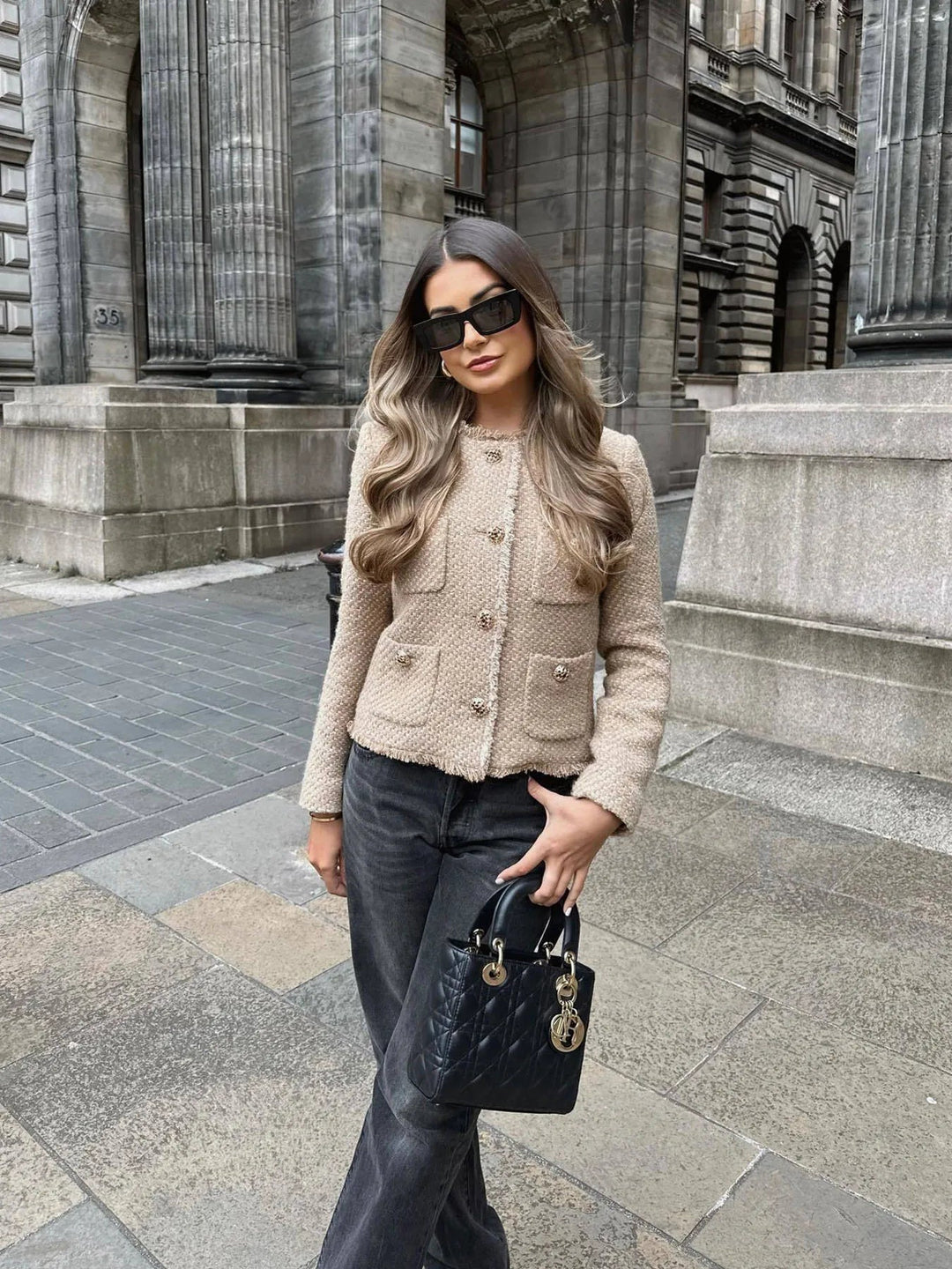 Damen Zweiteiliges Tweed-Jackett mit Knöpfen und Taschen